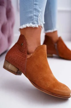 Damskie Skórzane Botki Maciejka Rude Wzór Zwierzęcy 04091-29