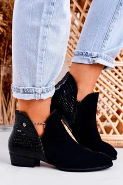 Damskie Skórzane Botki Maciejka Lakierowane Czarne Wzór Zwierzęcy 04091-72