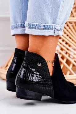 Damskie Skórzane Botki Maciejka Lakierowane Czarne Wzór Zwierzęcy 04091-72