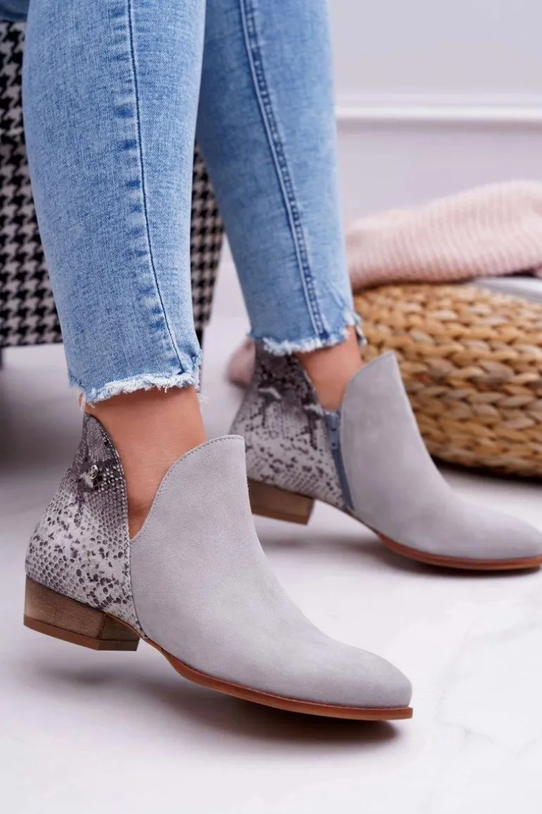Damskie Skórzane Botki Maciejka Szare 04091-03