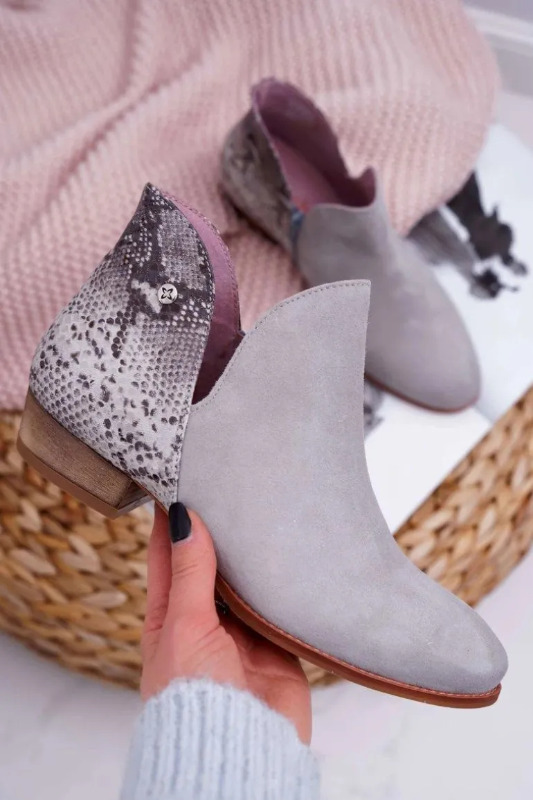 Damskie Skórzane Botki Maciejka Szare 04091-03