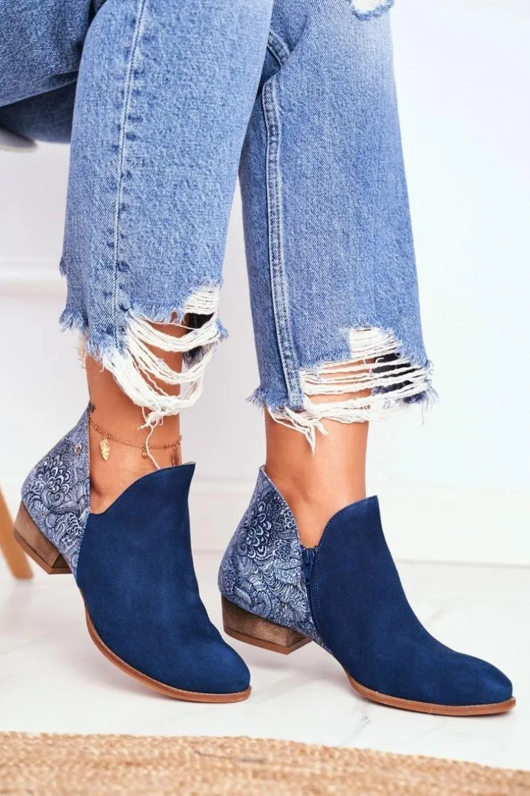 Damskie Skórzane Botki Maciejka Granatowe 04091-47