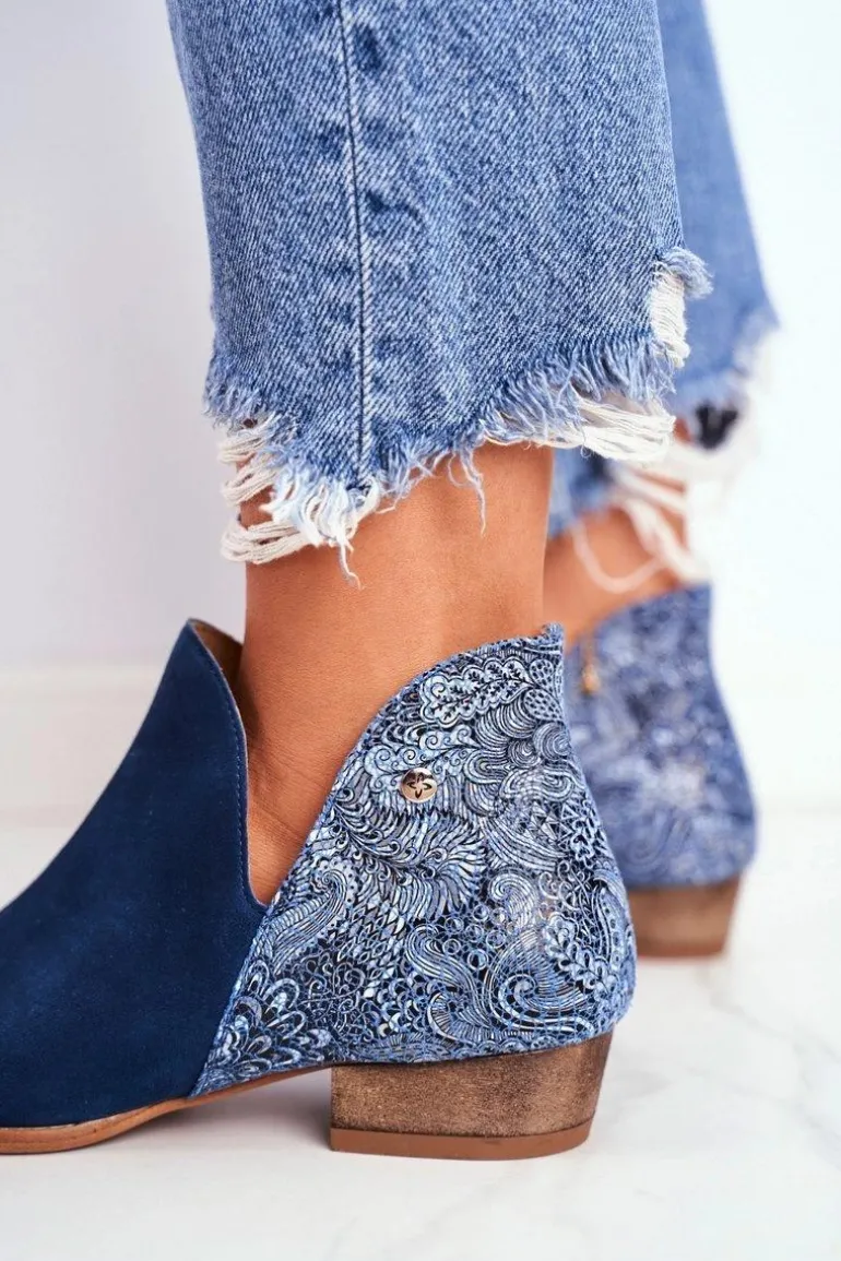 Damskie Skórzane Botki Maciejka Granatowe 04091-47