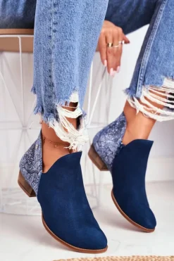 Damskie Skórzane Botki Maciejka Granatowe 04091-47