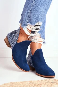 Damskie Skórzane Botki Maciejka Granatowe 04091-47