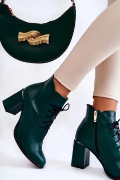 Damskie Skórzane Botki Na Słupku Zielone Carrice