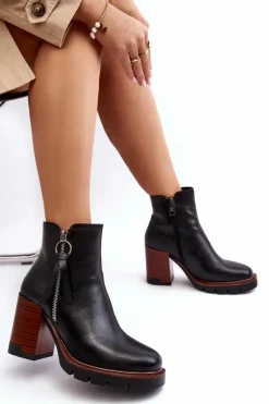Damskie Skórzane Botki Na Słupku Czarne Brittney