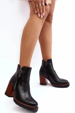 Damskie Skórzane Botki Na Słupku Czarne Brittney