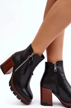 Damskie Skórzane Botki Na Słupku Czarne Brittney