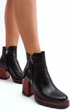 Damskie Skórzane Botki Na Słupku Czarne Brittney