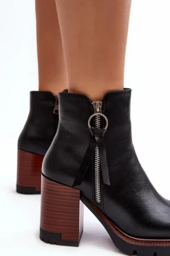 Damskie Skórzane Botki Na Słupku Czarne Brittney