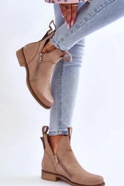 Damskie Skórzane Botki Na Płaskim Obcasie Beżowe Artemis