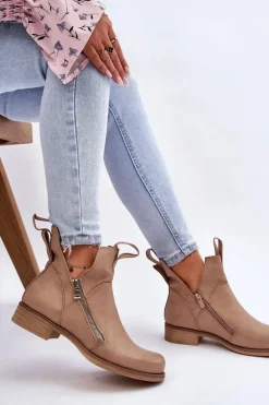 Damskie Skórzane Botki Na Płaskim Obcasie Beżowe Artemis