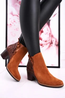 Damskie Skórzane Botki Na Słupku Maciejka Rude 04833-43