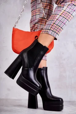 Damskie Skórzane Botki Na Masywnym Obcasie Czarne Jones