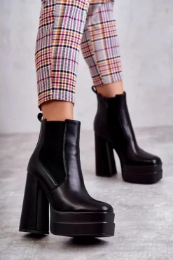 Damskie Skórzane Botki Na Masywnym Obcasie Czarne Jones