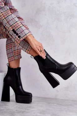 Damskie Skórzane Botki Na Masywnym Obcasie Czarne Jones