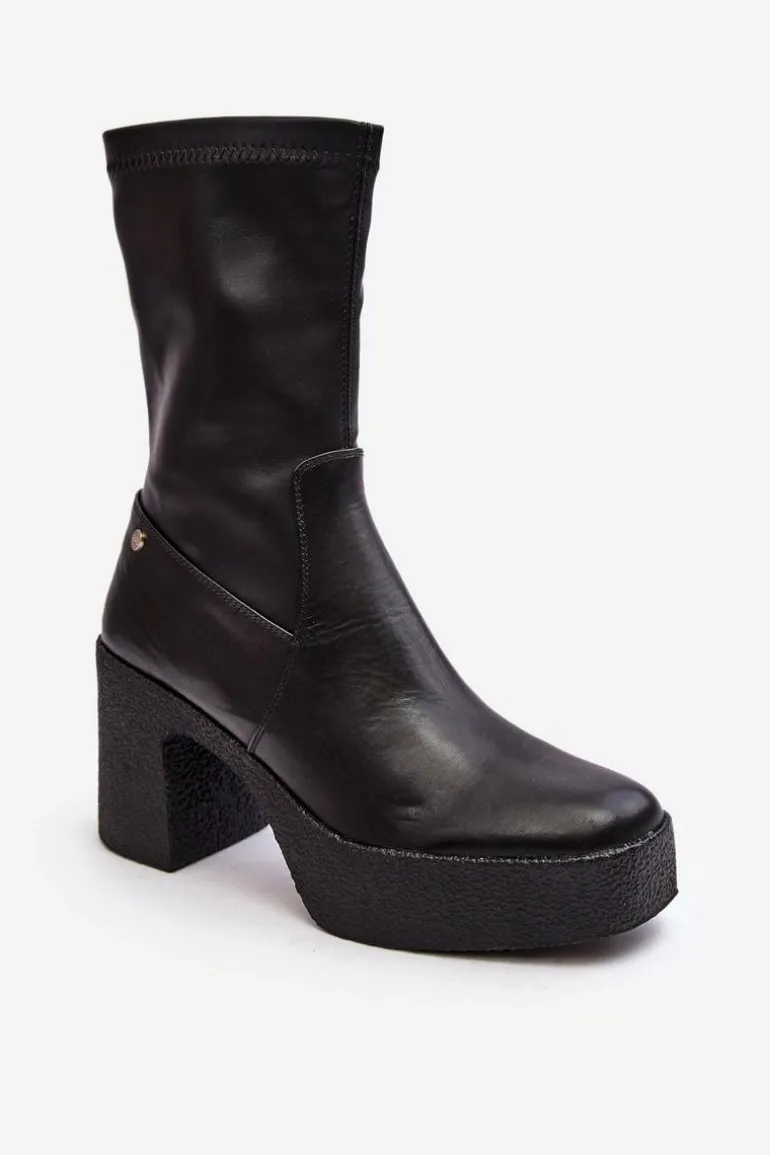 Damskie Skórzane Botki Na Słupku GOE MM2N4047 Czarne
