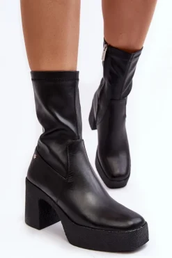 Damskie Skórzane Botki Na Słupku GOE MM2N4047 Czarne