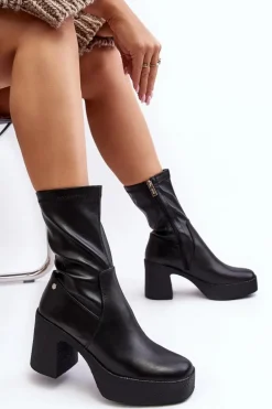 Damskie Skórzane Botki Na Słupku GOE MM2N4047 Czarne