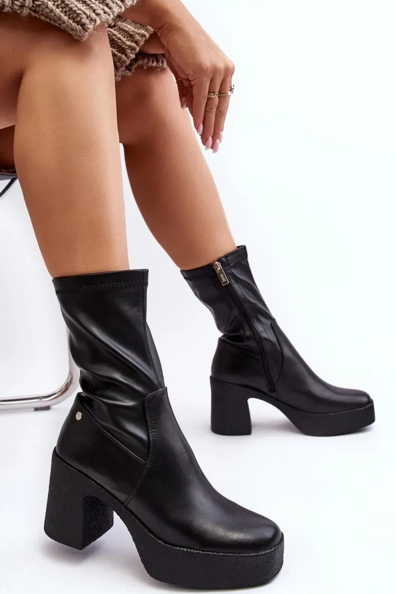 Damskie Skórzane Botki Na Słupku GOE MM2N4047 Czarne