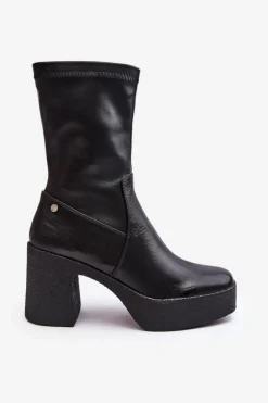 Damskie Skórzane Botki Na Słupku GOE MM2N4047 Czarne