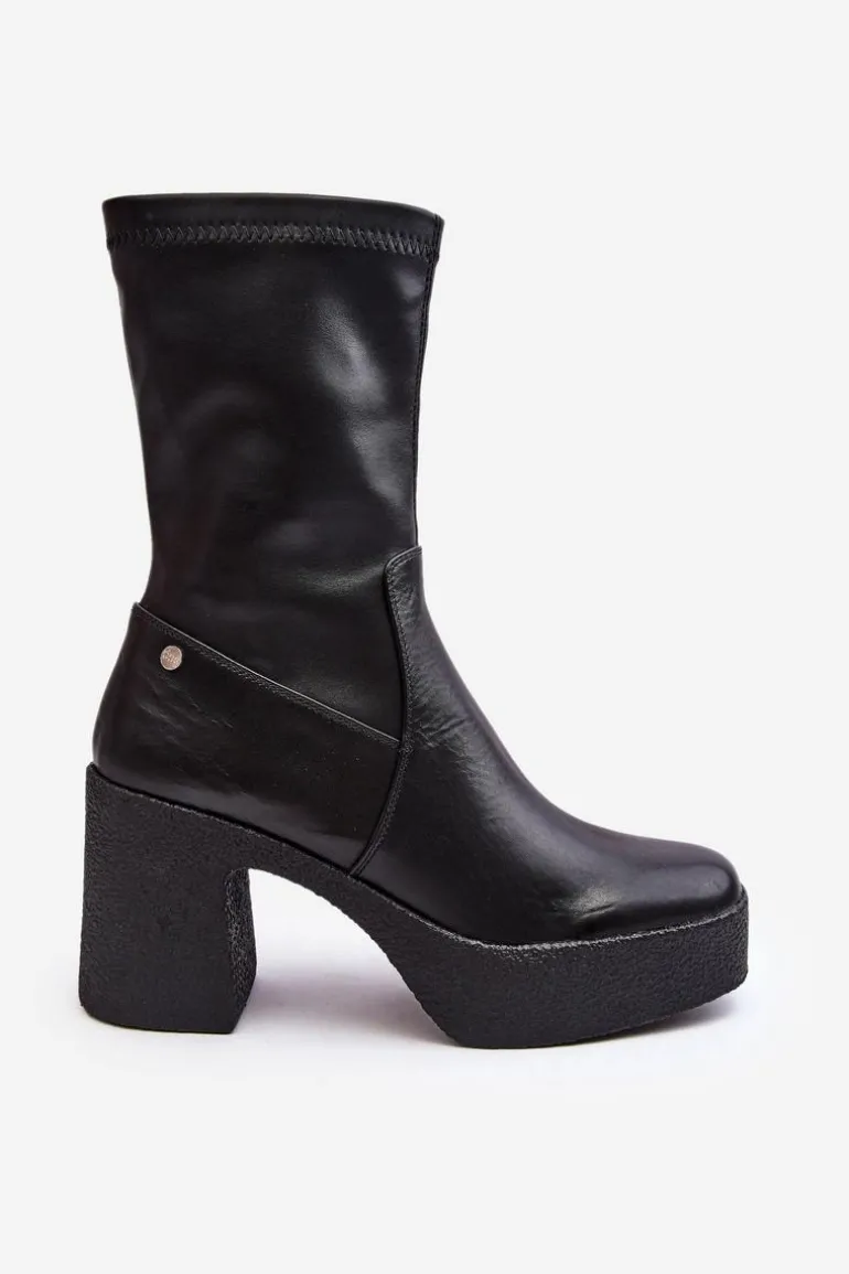 Damskie Skórzane Botki Na Słupku GOE MM2N4047 Czarne