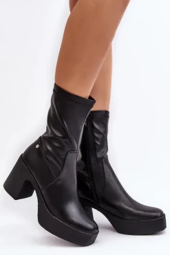 Damskie Skórzane Botki Na Słupku GOE MM2N4047 Czarne