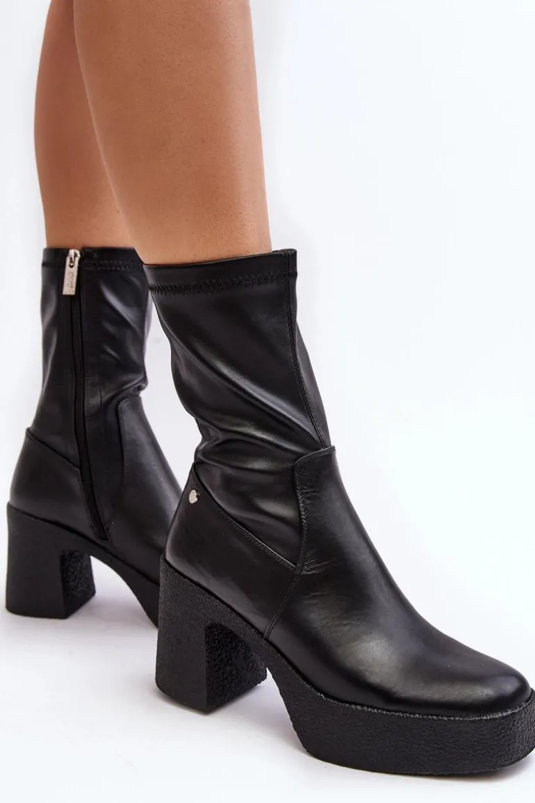 Damskie Skórzane Botki Na Słupku GOE MM2N4047 Czarne