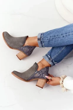 Damskie Skórzane Botki Na Słupku Maciejka Popielate 04492