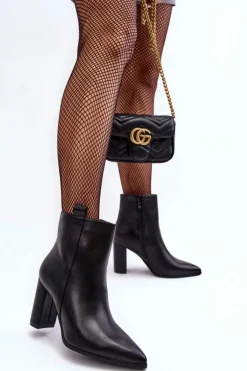 Damskie Skórzane Botki Na Słupku Czarne Vevine