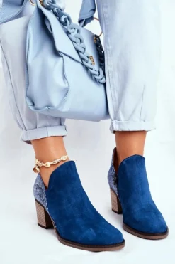 Damskie Skórzane Botki Na Słupku Maciejka Granatowe 04492-17