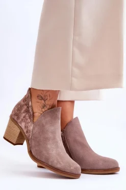 Damskie Skórzane Botki Na Słupku Maciejka 04492-14 Ciemnobeżowe
