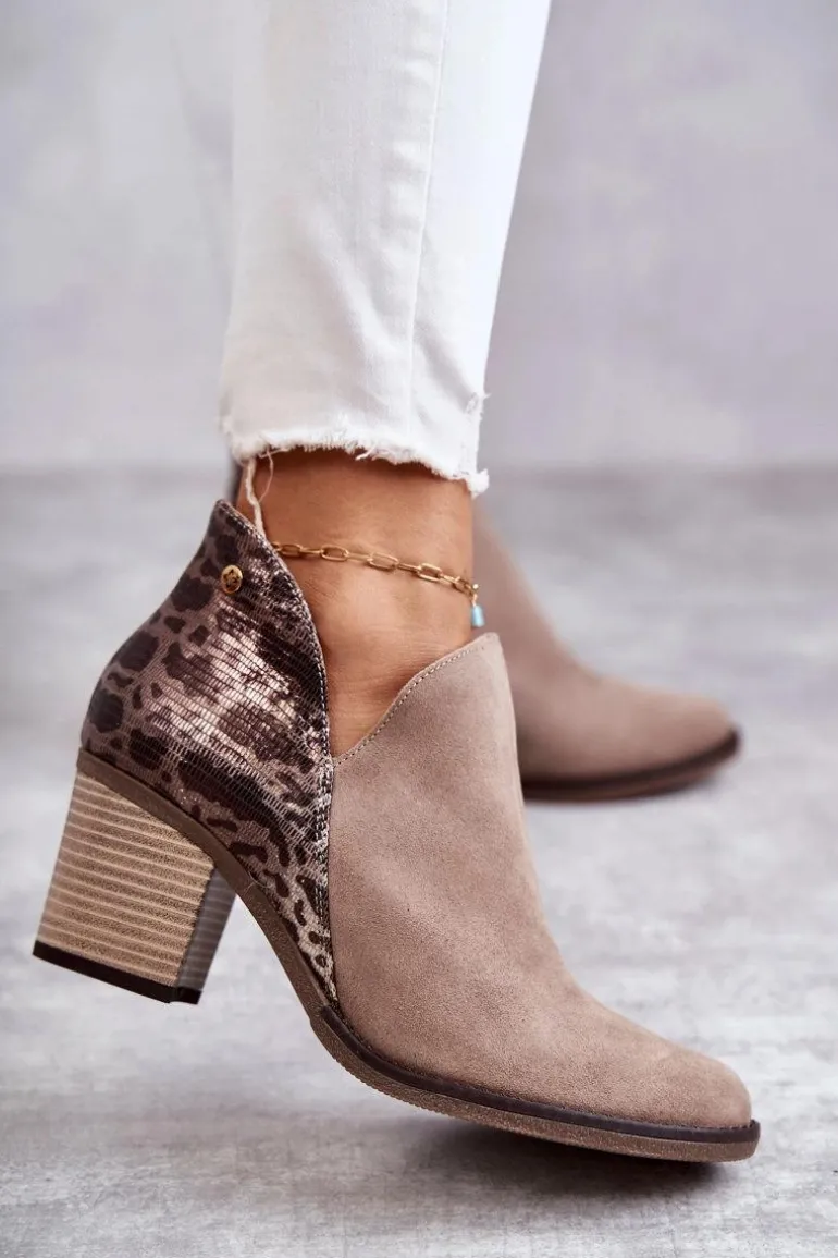 Damskie Skórzane Botki Na Słupku Maciejka Beżowe 04492-43