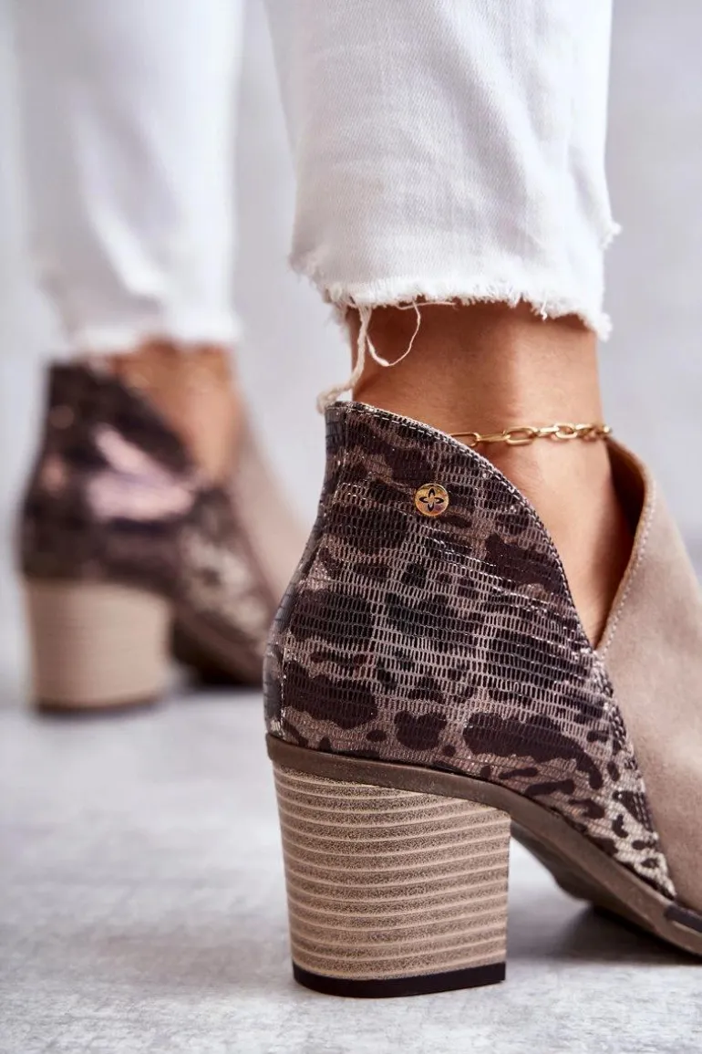 Damskie Skórzane Botki Na Słupku Maciejka Beżowe 04492-43