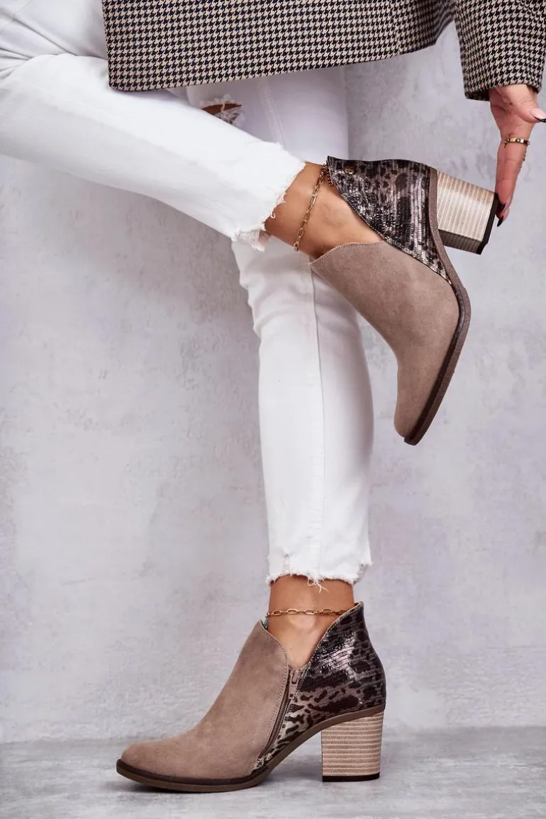 Damskie Skórzane Botki Na Słupku Maciejka Beżowe 04492-43