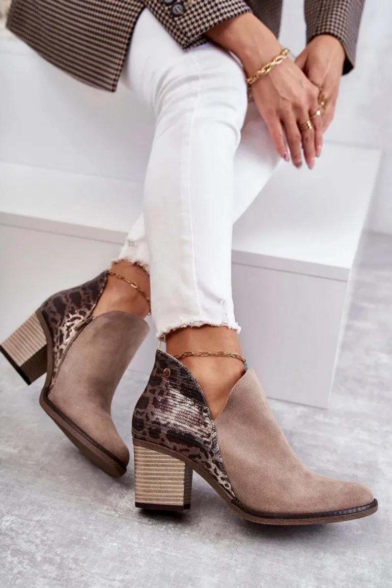 Damskie Skórzane Botki Na Słupku Maciejka Beżowe 04492-43