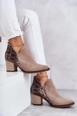Damskie Skórzane Botki Na Słupku Maciejka Beżowe 04492-43