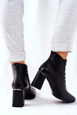 Damskie Skórzane Botki Na Słupku Czarne Carrice