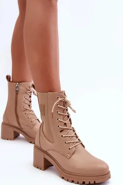 Damskie Skórzane Botki Na Obcasie Beżowe Esnar