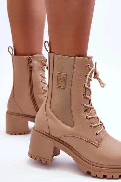 Damskie Skórzane Botki Na Obcasie Beżowe Esnar