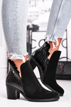 Damskie Skórzane Botki Na Słupku Maciejka Czarne 04833-01