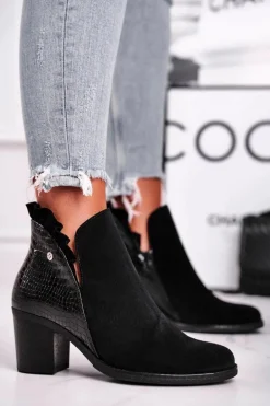 Damskie Skórzane Botki Na Słupku Maciejka Czarne 04833-01