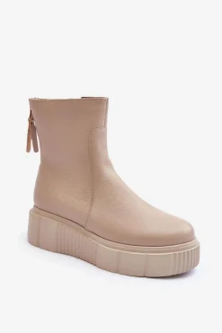 Damskie Skórzane Botki Na Platformie Beżowe Lemar Jenefer