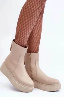 Damskie Skórzane Botki Na Platformie Beżowe Lemar Jenefer