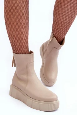 Damskie Skórzane Botki Na Platformie Beżowe Lemar Jenefer
