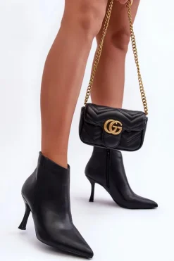 Damskie Skórzane Botki Na Szpilce Czarne Merisa