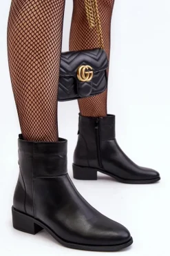 Damskie Skórzane Botki Na Suwak Czarne Semotti