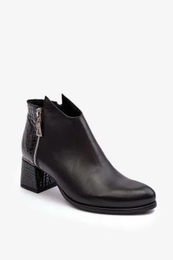 Damskie Skórzane Botki Na Niskim Słupku Zazoo 4111 Czarne