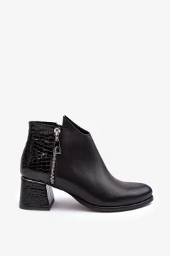 Damskie Skórzane Botki Na Niskim Słupku Zazoo 4111 Czarne